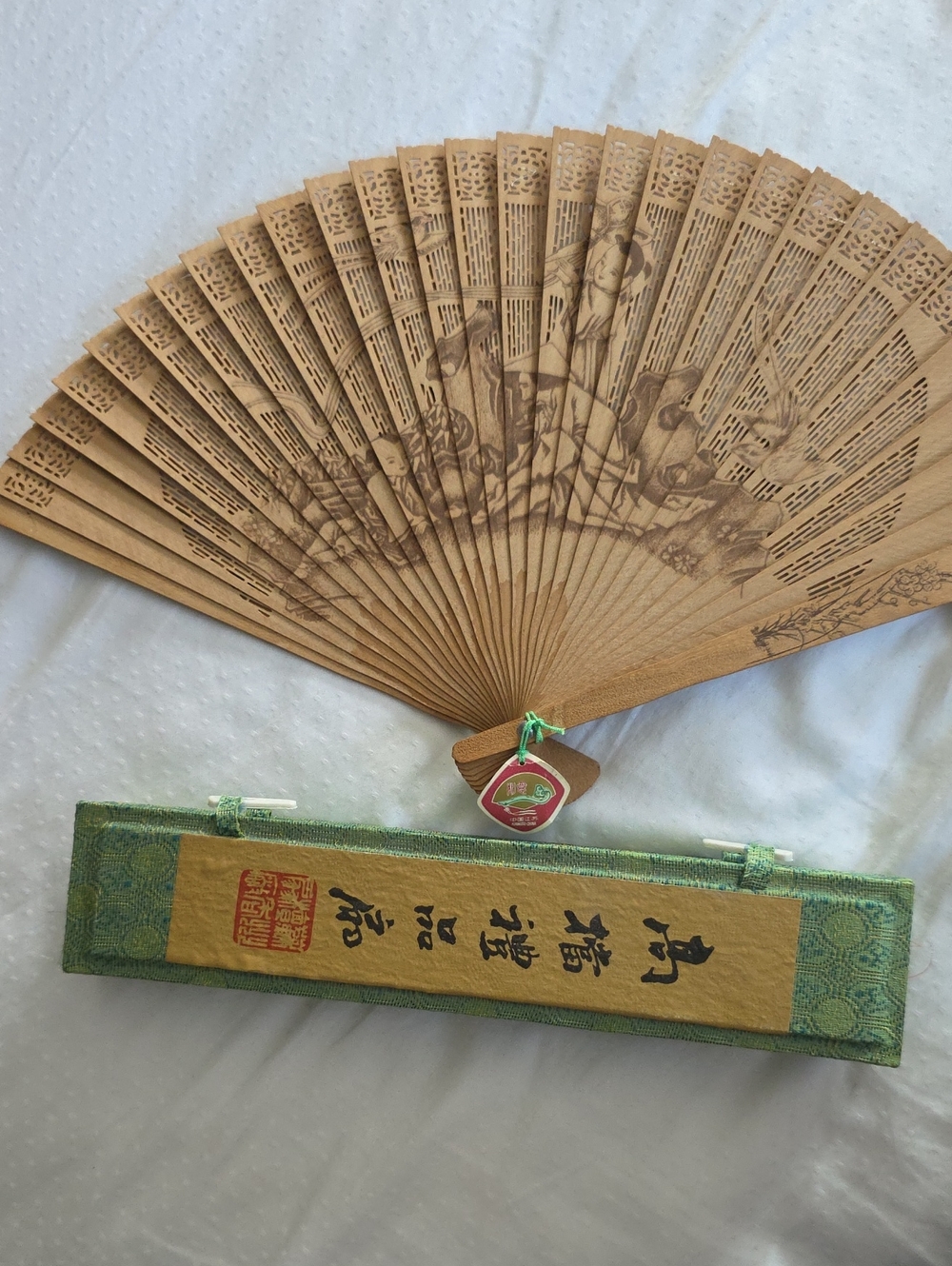 Handheld Wooden Folding Fan in Natural Brown with Green Case